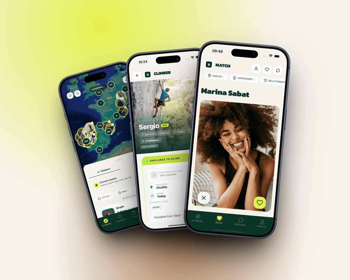 Mockup de la app Gora mostrando mapa, perfil de escalador y pantallas para encontrar compañeros