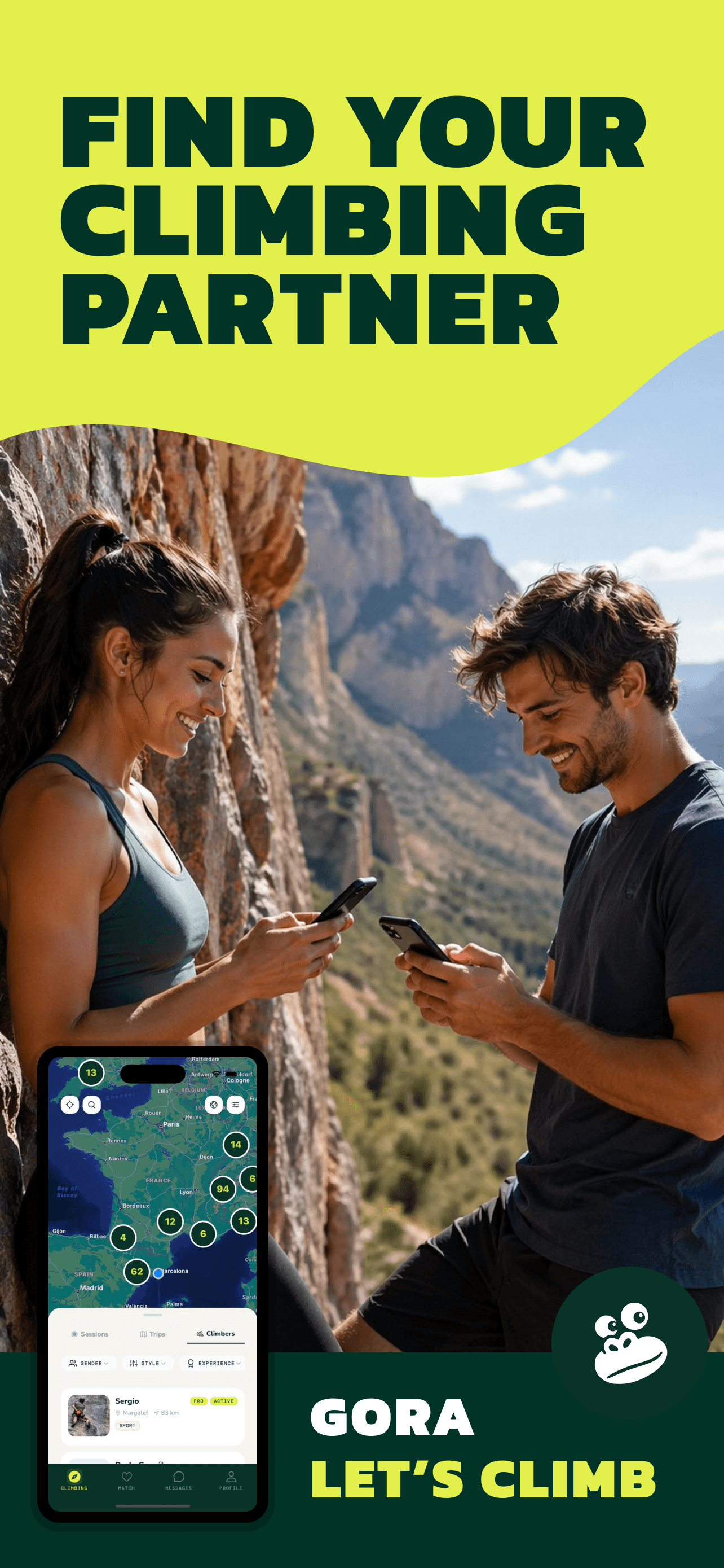 Gora app screenshot showing climber discovery