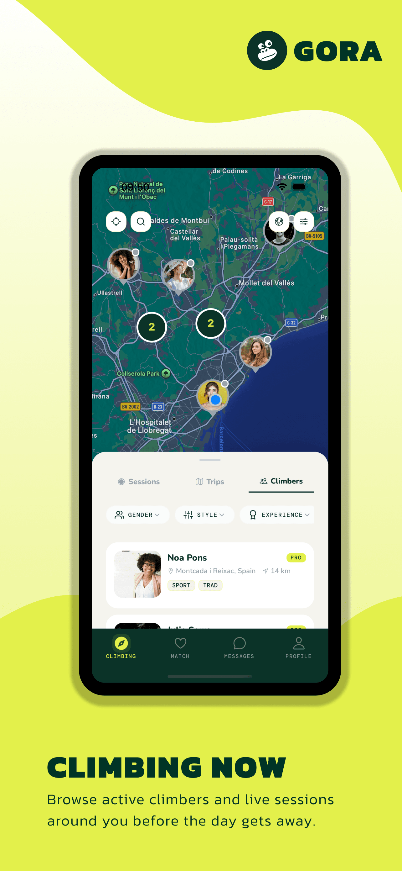 Gora app screenshot showing map discovery