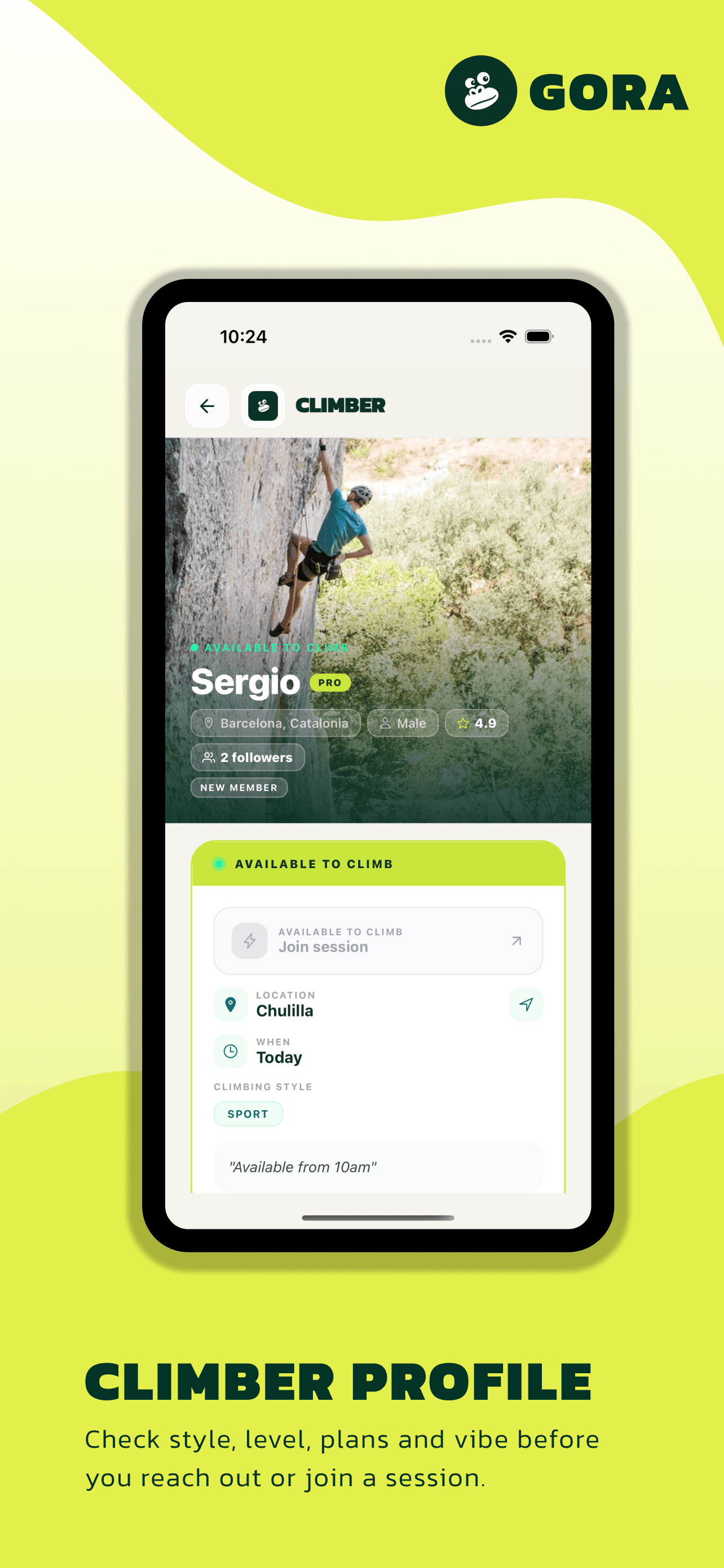 Gora app screenshot showing climbing trips