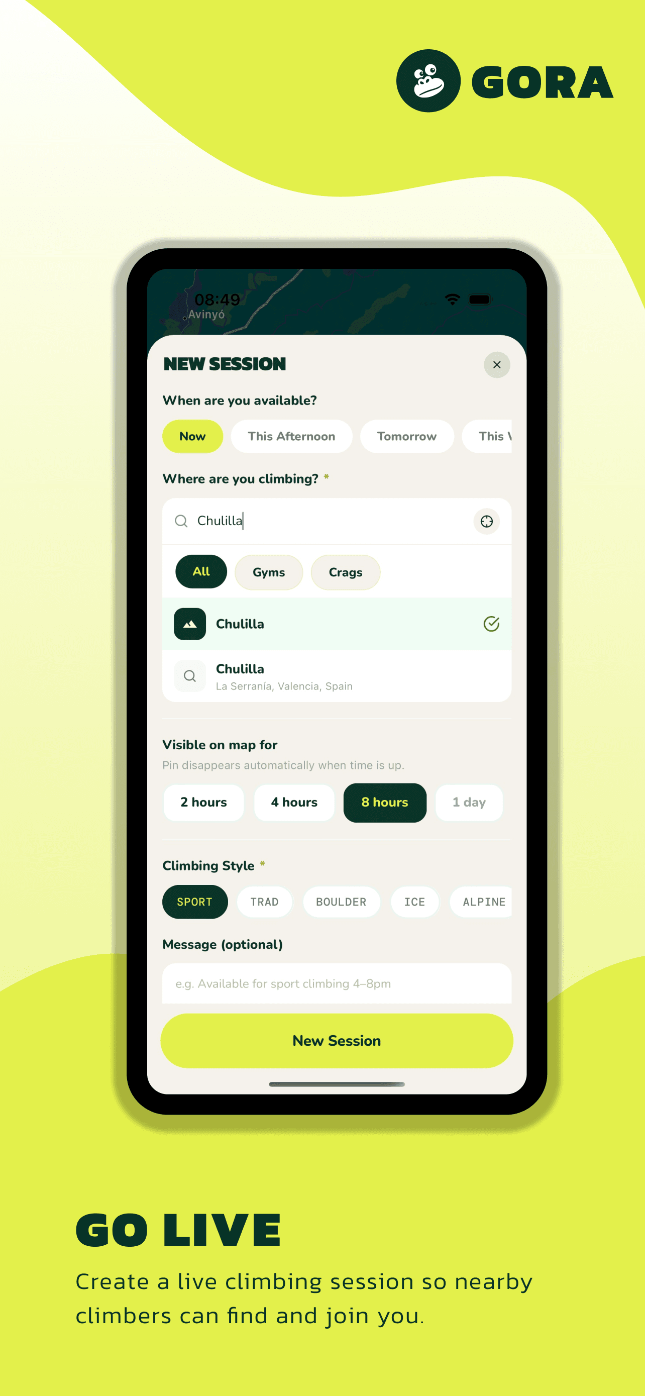 Gora app screenshot showing climber profiles