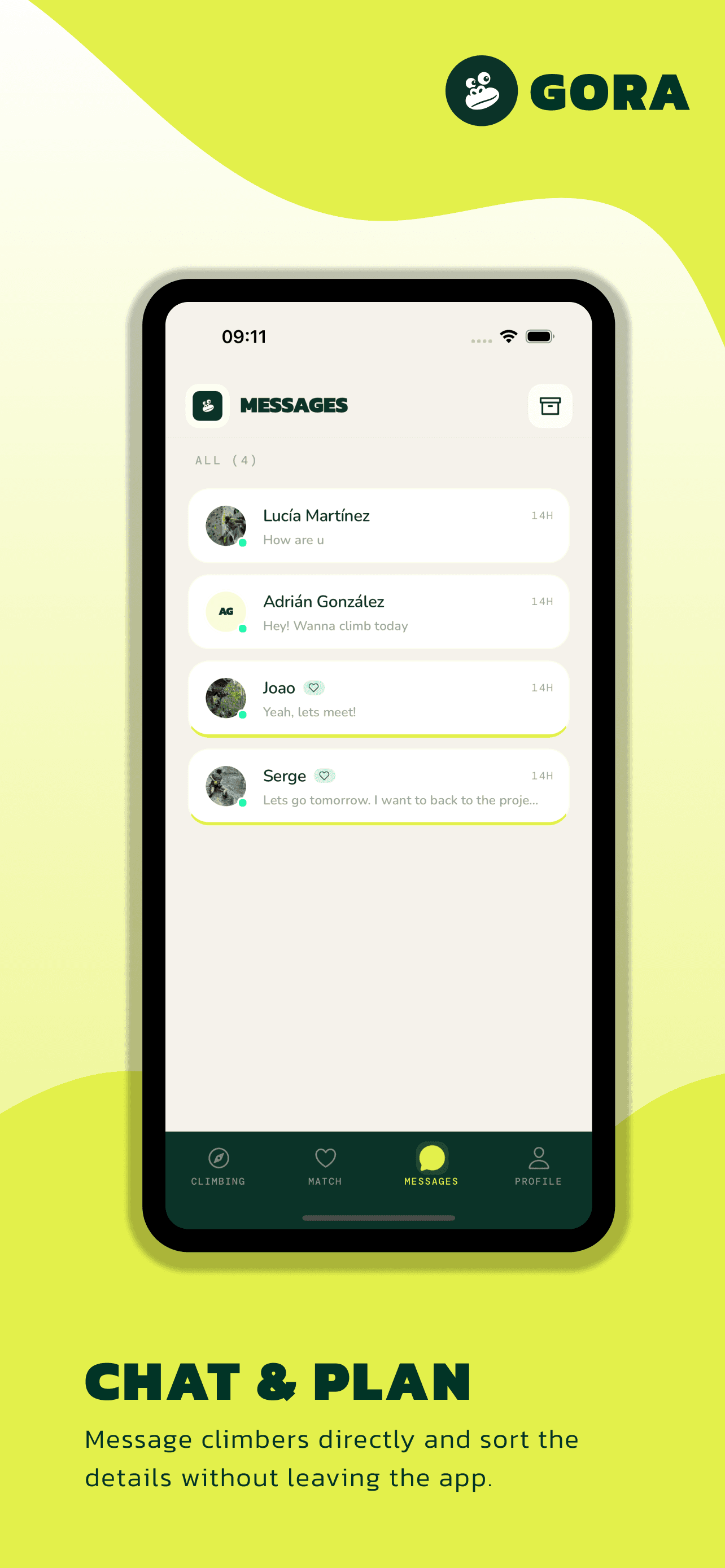 Gora app screenshot showing climbing community features